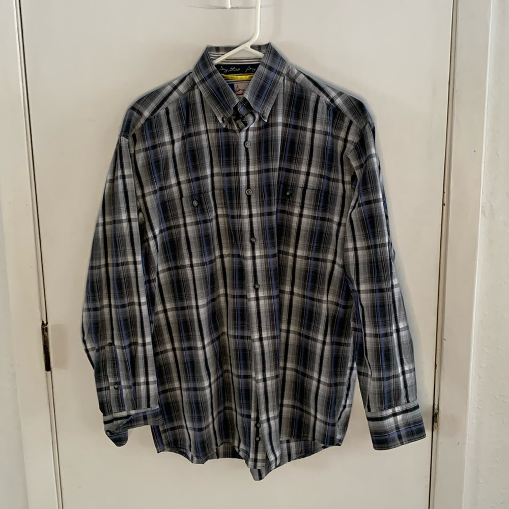Vintage George Strait Wrangle blue black grey plaid western L/S shirt Size M